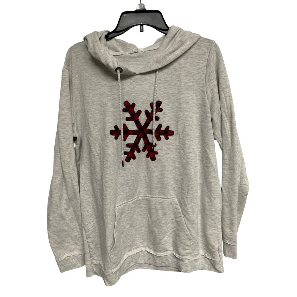 Maurices Gray Plaid Snowflake Hoodie Size L Cozy Winter Pullover Sweatshirt